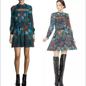 Alice + Olivia Aimee Long Sleeve Silk Geometric Lace Trim Dress 6 8 EUC!